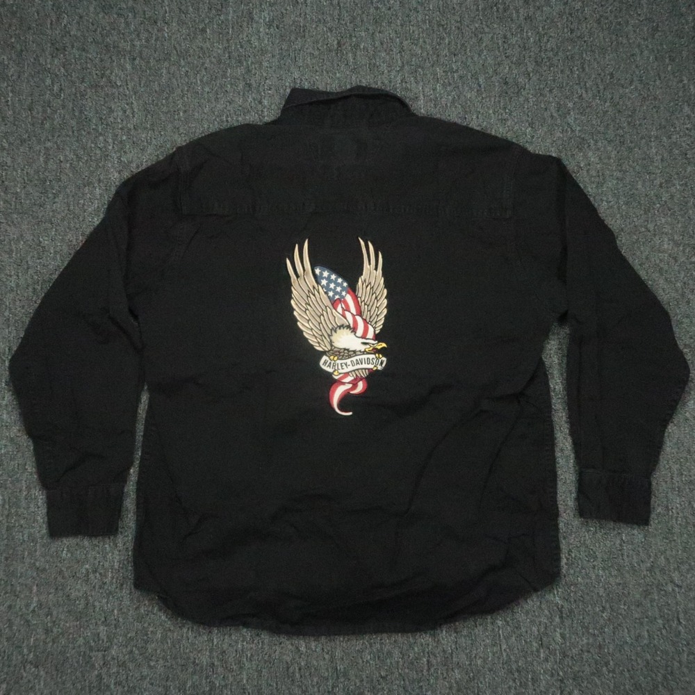 Harley Davidson Shirt Mens Large Black Eagle Patriotic USA Long‎ Sleeve Button